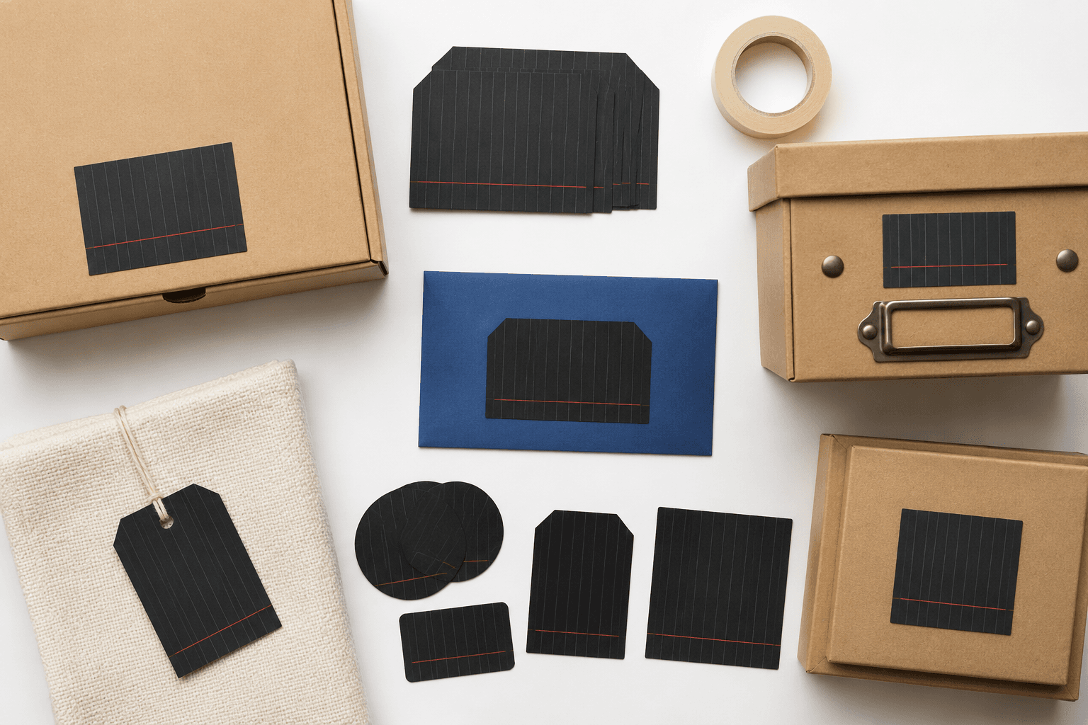 Charcoal pinstripe storage labels, kraft boxes and a postal-blue accent card arranged on a paper-white surface