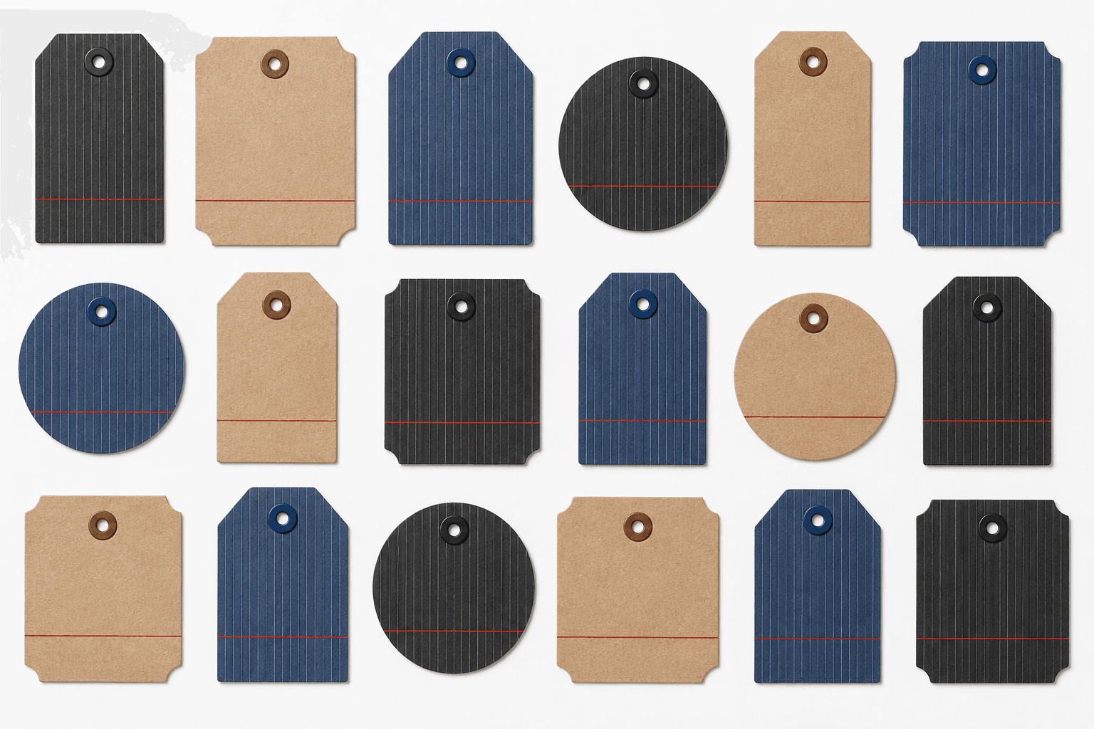 A board of charcoal pinstripe storage labels laid out in a grid
